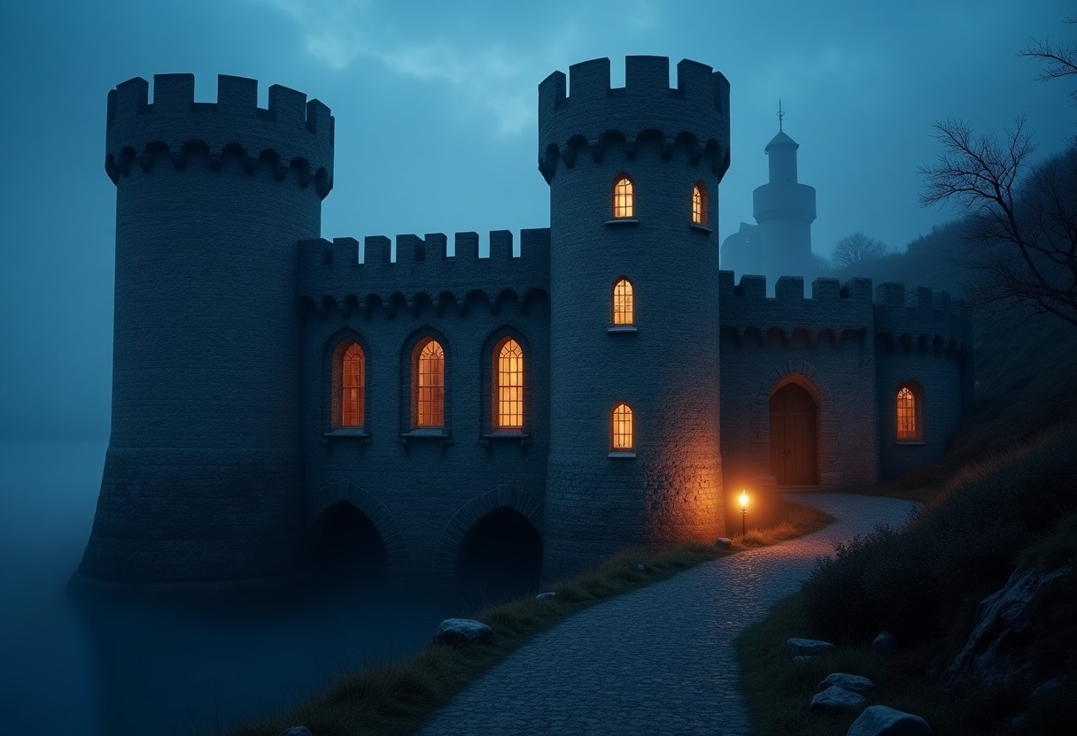 The Right On Par kingdom — a castle keep at dusk, lit from within